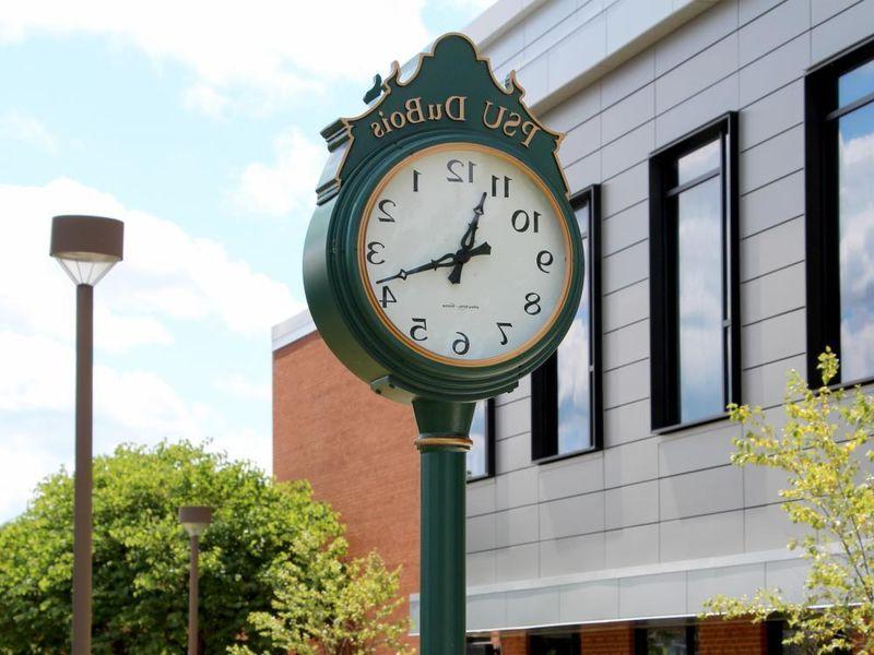 The newly install clock outside of the PAW Center, on the campus of Penn State DuBois. The clock is a gift from students to the campus.